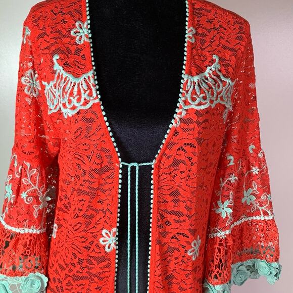 Antica Sartoria by Giacomo Long Lace Kimono Red Aqua Embroidered Boho Cover up - Picture 9 of 16
